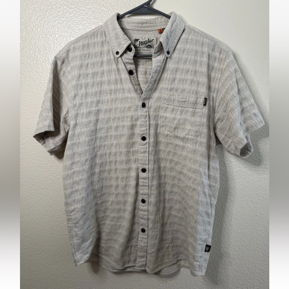 Howler Bros brothers Men's geometric grey Short Sleeve Button-Up, polo, Medium